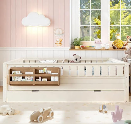 Bellemave Queen Size Kids Bed with high Rails and with Built-in Bookshelf and Trundle for Kids, Girls, Boys, Wood Montessori Bed Without Door, Beige