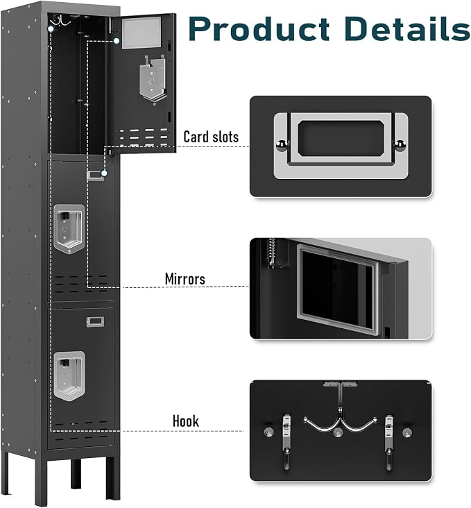 BUTISOW Metal Lockers - 66" Height Steel Lockers for Employees with 3 Door Storage Locker with Card Slot for Employees Gym School Home Office Garage - Assembly Required