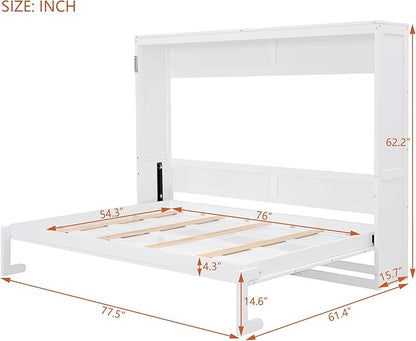 Ball & Cast Full Size Murphy Bed,Hideaway Beds with Dual Piston Metal Folding Mechanism Designed,Wood Wall Cabinets Bedframe w/Slat Support and Storage Platform Top,Hardware Chain,for Apartment,White