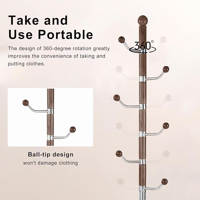 Wooden Coat Rack Freestanding, Hall Tree Hanger With Resin Hooks, Adjustable Heavy Duty Coat Rack for Hanging Clothes Bags Hats in Living Room Bedroom (coat rack, metal-cherry color)