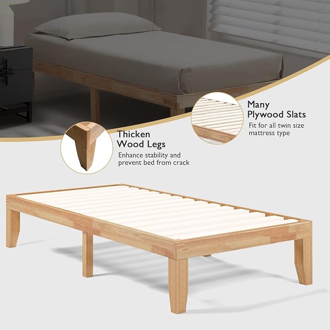 COSTWAY Twin Size Platform Bed Frame, 14 Inches Solid Rubber Wood Bed Mattress Foundation with Sturdy Slats Support, Easy Assembly Bed Frame for Home Hotel, No Box Spring Needed (Natural, Twin)