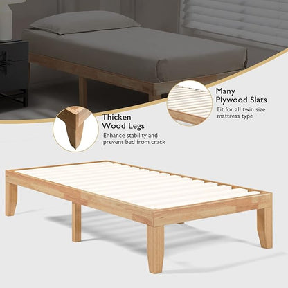 COSTWAY Twin Size Platform Bed Frame, 14 Inches Solid Rubber Wood Bed Mattress Foundation with Sturdy Slats Support, Easy Assembly Bed Frame for Home Hotel, No Box Spring Needed (Natural, Twin)