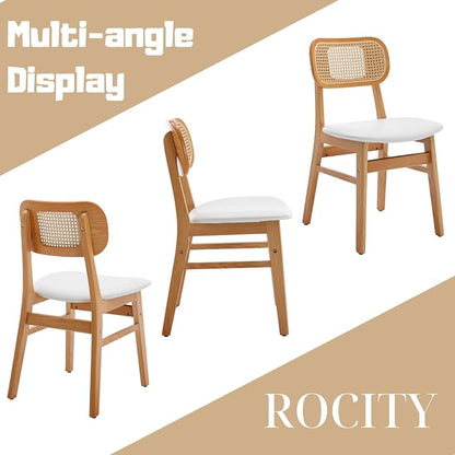 ROCITY Rattan Dining Chairs Set of 4 White Faux Leather Dining Room Chairs Natural Wooden Kitchen Chairs Farmhouse Side Chairs