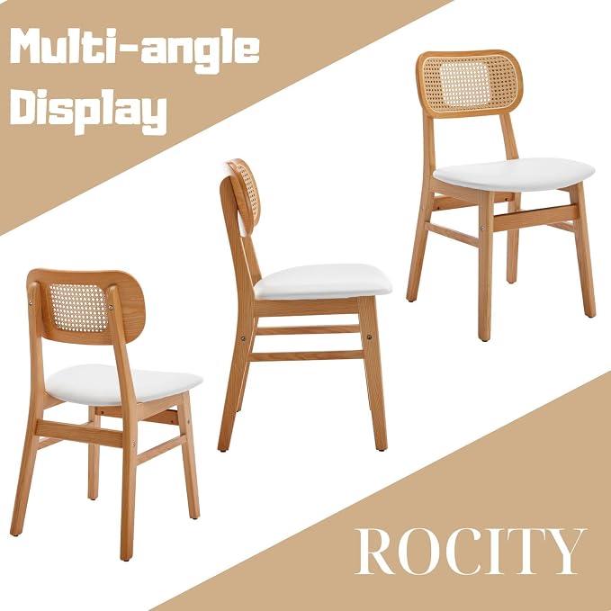 ROCITY Rattan Dining Chairs Set of 2 White Faux Leather Dining Room Chairs Natural Wooden Kitchen Chairs Farmhouse Side Chairs