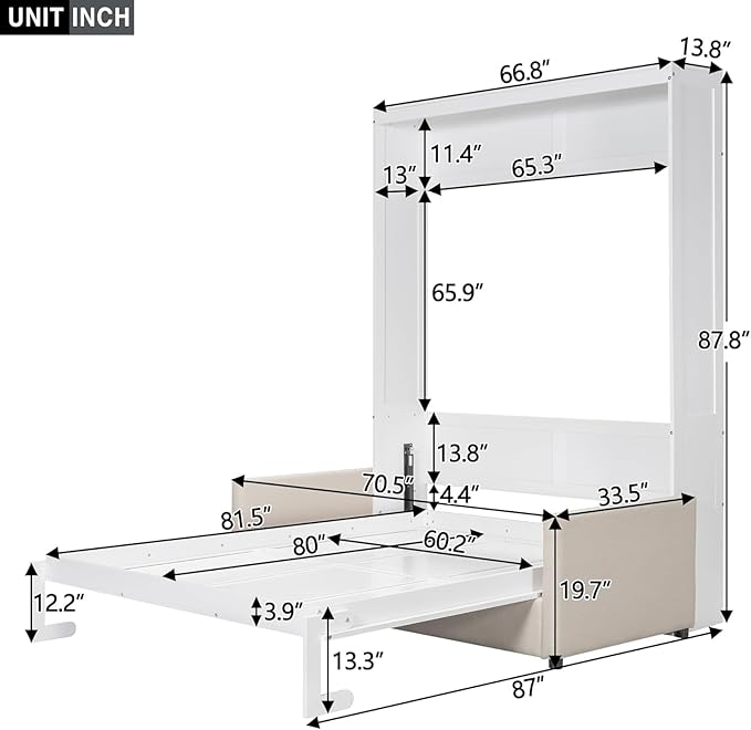 MERITLINE Queen Murphy Bed with Sofa,Wood Vertical Folding Murphy Wall Bed Cabinet with Couch,for Adults Guest Rooms,Offices,Apartments (White)