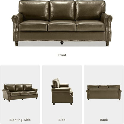 Kingfun 3 Seater Sofa, Mid-Century Modern Faux Leather Couch Set for Living Room, Darkcoffee with Rolled Arms & Nailhead Trim, Easy Assembly, Olive Green