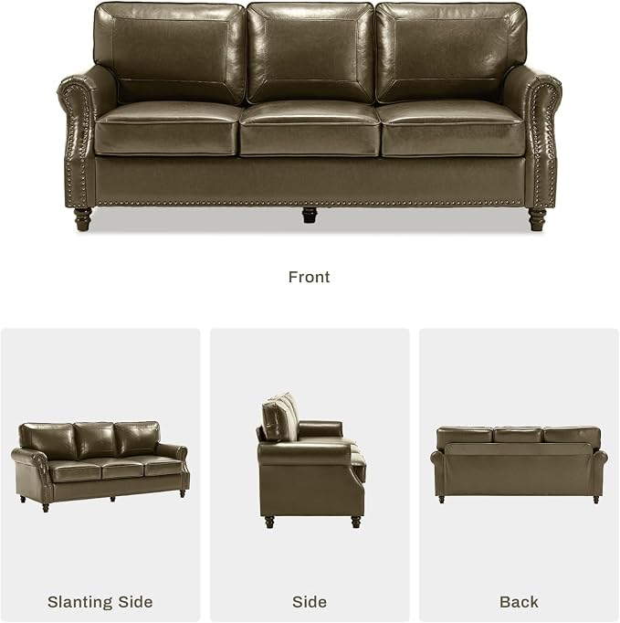 Kingfun Mid-Century Modern Couch, Faux Leather Sofa Set, 3 Seater Couch for Living Room with Rolled arms & Nailhead Trim, Olive Green