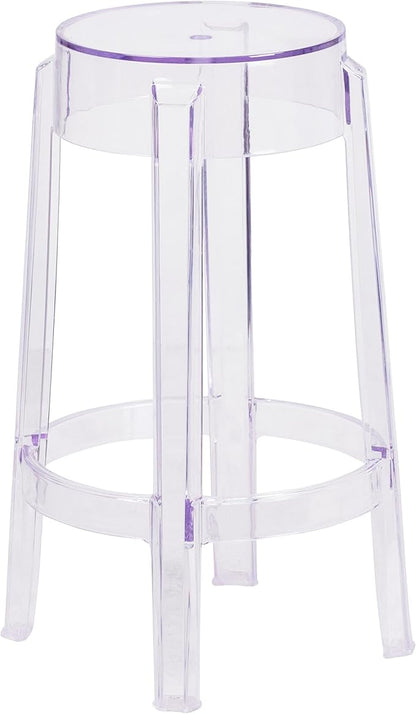 Flash Furniture Laney 25.75" Indoor/Outdoor Counter Height Transparent Dining Stool with Foot Ring, Stackable Ghost Counter Height Stool, Transparent