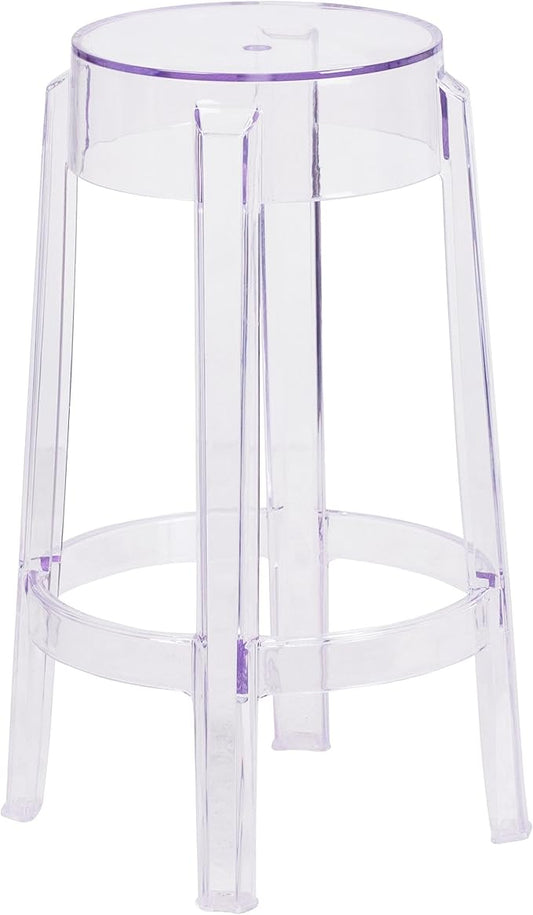 Flash Furniture Laney 25.75" Indoor/Outdoor Counter Height Transparent Dining Stool with Foot Ring, Stackable Ghost Counter Height Stool, Transparent