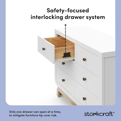 Storkcraft Santorini 6 Drawer Double Dresser (White with Driftwood) - GREENGUARD Gold Certified, Interlocking Drawer System, Dresser Drawer Organizer for Kids Bedroom