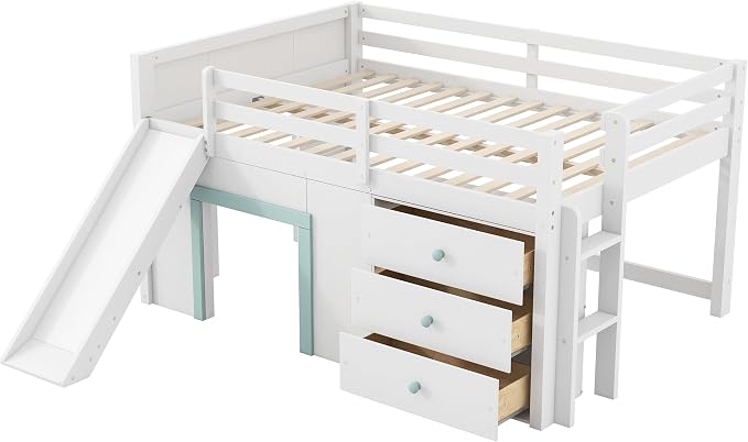 Bellemave Full Size Low loft Bed for Kids,Wood Modern Farmhouse Full Loft Bed with Slide and Drawer Storage, No Box Spring Needed, White