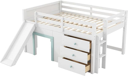 Bellemave Full Size Low loft Bed for Kids,Wood Modern Farmhouse Full Loft Bed with Slide and Drawer Storage, No Box Spring Needed, White