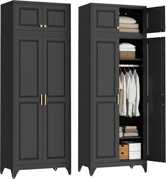 SteeLoong 86" Metal Armoire Wardrobe Closet with Doors,BlackTall Clothing Storage Cabinet with Adjustable Shelves and Hanging Rod,Wardrobe Closet for Bedroom,Home,Office,Gym