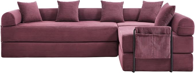 106" Oversized Convertible Sleeper Sofa Bed, Corduroy L Shape Sectional Couch, Folding Sofa Bed with Side Pocket, Modern Cloud Floor Mattress Couch, Modular Sofa for Living Room, Wine Red