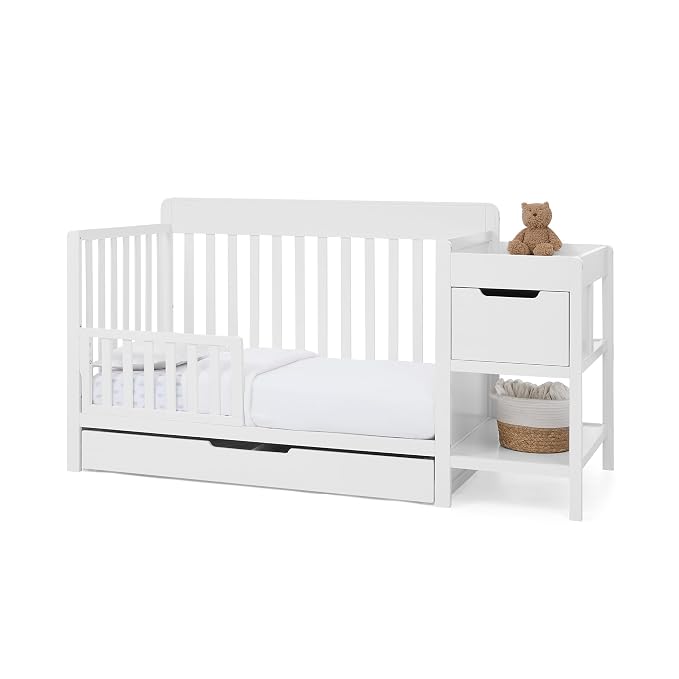 Delta Children Maya 5-in-1 Convertible Crib and Changer with Storage, Converts to Toddler Bed, Daybed, Sofa & Full Bed, Greenguard Gold Certified, 3 Mattress Heights for Baby, Bianca White