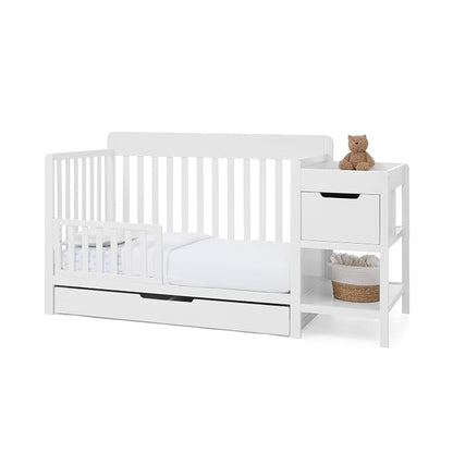 Delta Children Maya 5-in-1 Convertible Crib and Changer with Storage, Converts to Toddler Bed, Daybed, Sofa & Full Bed, Greenguard Gold Certified, 3 Mattress Heights for Baby, Bianca White