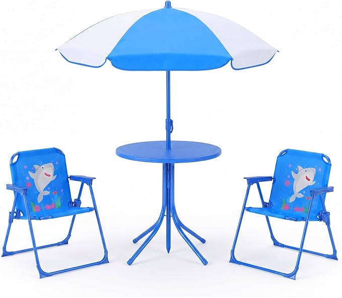 Costzon Kids Picnic Table, Kids Outdoor Table with 2 Folding Chairs, Height Adjustable Umbrella, Portable Children Outdoor Furniture for Patio, Garden, Backyard (Blue Ocean)