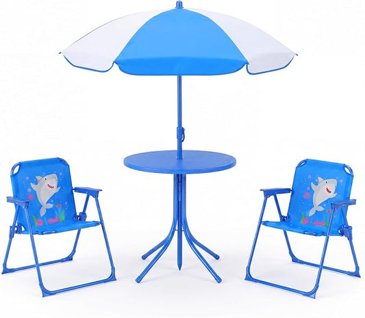 Costzon Kids Picnic Table, Kids Outdoor Table with 2 Folding Chairs, Height Adjustable Umbrella, Portable Children Outdoor Furniture for Patio, Garden, Backyard (Blue Ocean)