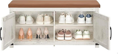 Hzuaneri Shoe Storage Bench, 2 Tier Shoe Bench with Padded Seat Cushion & 2 Barn Doors, Entryway Bench with Adjustable Shelf, Farmhouse Shoe Cabinet for Living Room, Bedroom, Antique White SB26614KA