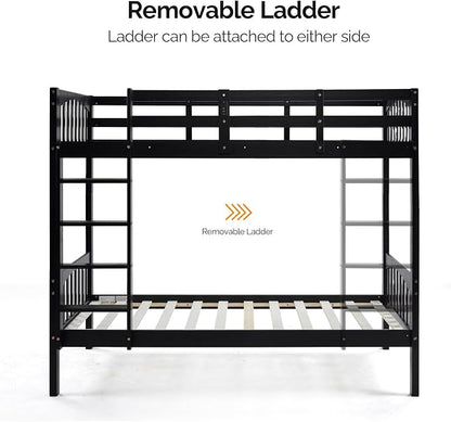VINGLI Solid Wood Bunk Bed Twin Over Twin with RGB LED Light and Charging Station,15 inches Extra Tall Guardrail, Convertable 2 Deckers Bed, Heavy Duty Wood Slat Support, Black