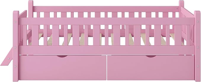 Merax Wood Twin Size Platform Bed with Guardrail and 2 Drawers, Kids Bed Frame with Stairs, Pink