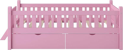 Merax Wood Twin Size Platform Bed with Guardrail and 2 Drawers, Kids Bed Frame with Stairs, Pink