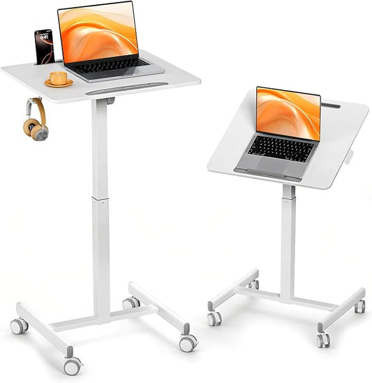 JOY worker Mobile Standing Desk, 23.6" x 20.5" Small Rolling Laptop Cart with 90° Tiltable Desktop, Portable Height Adjustable Sit-Stand Computer Desk on Wheels for Home Office, White