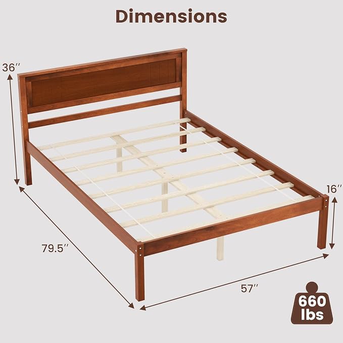 Giantex Full Size Wood Platform Bed with Headboard, Mid Century Solid Wood Full Bed with Slat Support, Double Bed Frame with 16" Under Bed Storage, No Box Spring Needed, Easy Assembly, Walnut