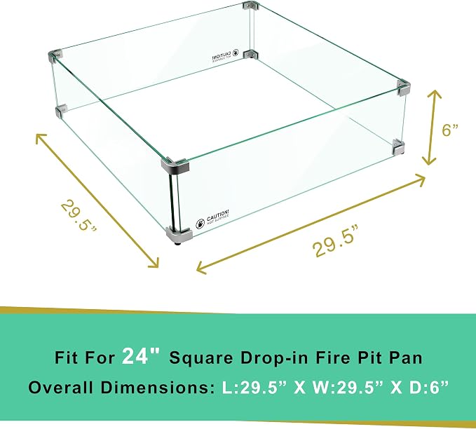 Holy Fire 29.5" L x 29.5" x 6" Square Fire Pit Glass Wind Guard Clear Tempered Glass Flame Protective Pane Wind Resistant - Fits 24” Square Fire Pit Burner Pan