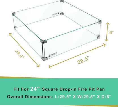 Holy Fire 29.5" L x 29.5" x 6" Square Fire Pit Glass Wind Guard Clear Tempered Glass Flame Protective Pane Wind Resistant - Fits 24” Square Fire Pit Burner Pan