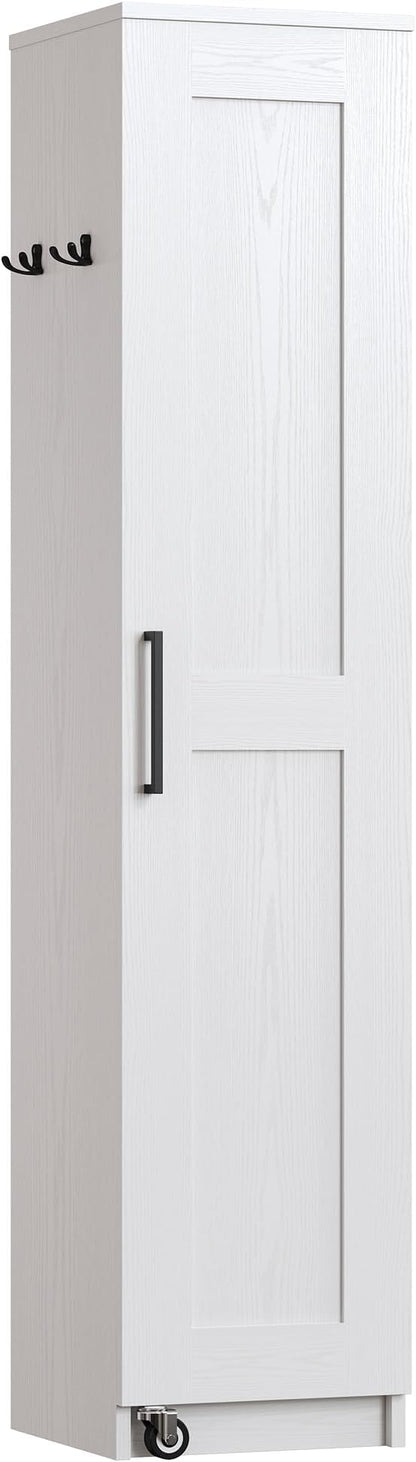 IRONCK Narrow Kitchen Pantry Storage Cabinet, 72" Slim Single Door with 6 Adjustable Shelves, Door Rack and Wheels, Space Saving Freestanding Storage Floor Cabinet for Small Place, White