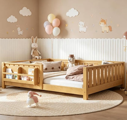 Bellemave Full Size Floor Bed with high Rails and with Built-in Bookshelf for Kids, Girls, Boys, Wood Montessori Floor Bed Without Door, Light Natural