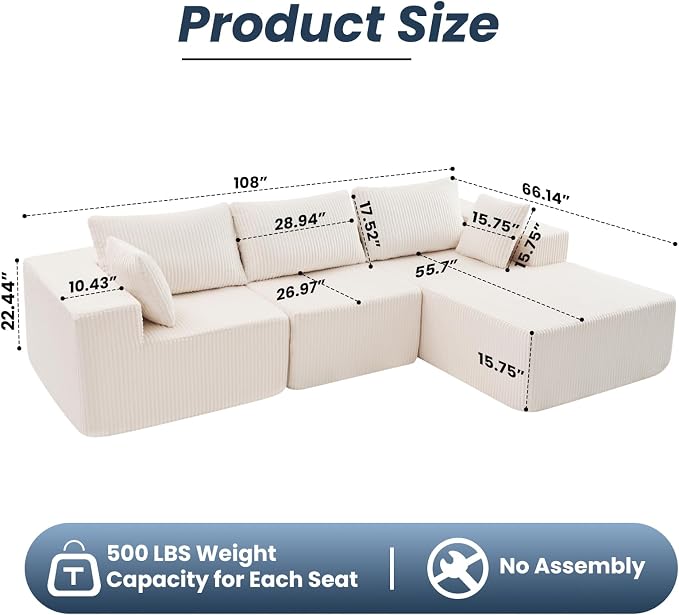DUMOS 108" L-Shaped Sectional Boneless Couch for Living Room, Upholstered Corduroy Sofa with Deep Seat for Small Apartment, Bedroom, No Assembly in a Box, Right Facing Chaise, Beige