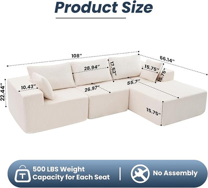 DUMOS 108" L-Shaped Sectional Boneless Couch for Living Room, Upholstered Corduroy Sofa with Deep Seat for Small Apartment, Bedroom, No Assembly in a Box, Right Facing Chaise, Beige