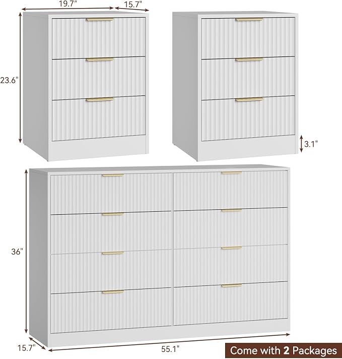 8 Drawer Dresser & Nightstand Set 3-Piece, 55” Wide Tall Fluted Dresser and Night Stand Set of 2 with Metal Handle, Modern Wood Chest of Drawers Storage Dressers Set for Bedroom, White