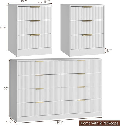 8 Drawer Dresser & Nightstand Set 3-Piece, 55” Wide Tall Fluted Dresser and Night Stand Set of 2 with Metal Handle, Modern Wood Chest of Drawers Storage Dressers Set for Bedroom, White