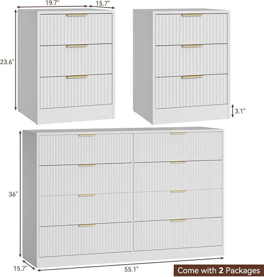 8 Drawer Dresser & Nightstand Set 3-Piece, 55” Wide Tall Fluted Dresser and Night Stand Set of 2 with Metal Handle, Modern Wood Chest of Drawers Storage Dressers Set for Bedroom, White