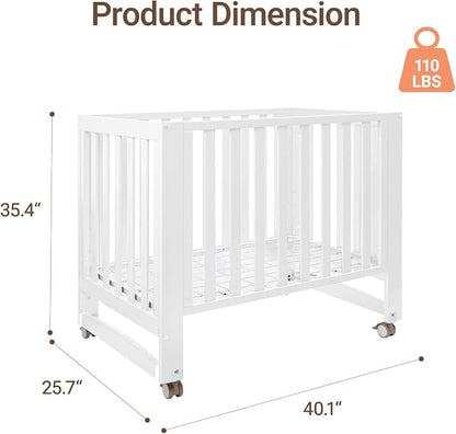 MAMAZING EvoNest 6-in-1 Convertible Baby Mini Crib with Wheels | GREENGUARD Gold Certified, New Zealand Pine Wood, 4 Adjustable Heights, Rocking Mode, Small Spaces Design, White