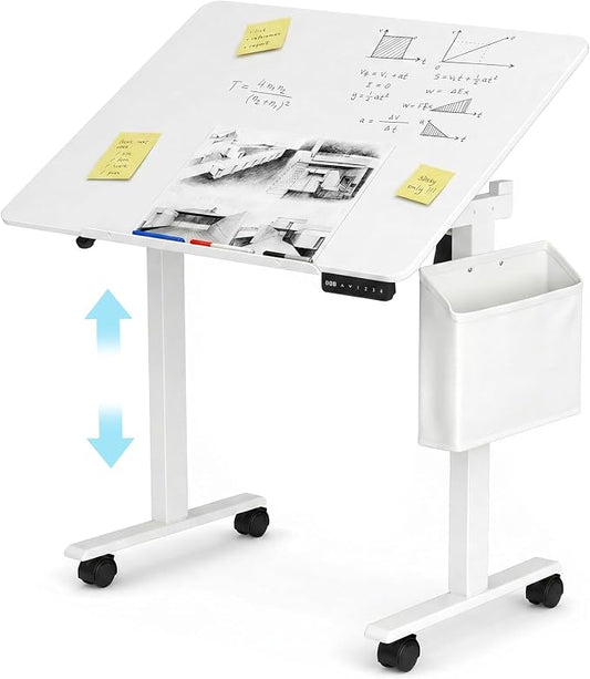 35.4" Standing Desk with Whiteboard,Rolling Drafting Table With Storage Bag | Electric Height Adjustable Mobile Desk with Wheels, Tilting Dry Erase Surface,Foldable Drawing Table for Home Office & Studio