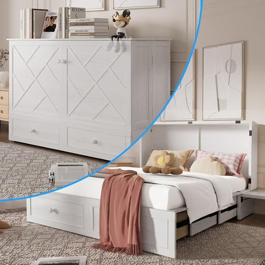 PUREMIND Queen Murphy Bed with Mattress Included, Murphy Cabinet Bed with Storage Drawer, Built-in Charging Station, Solid Wood Frame, Space-Saving Cabinet Beds for Small Spaces/Guest Room (White)