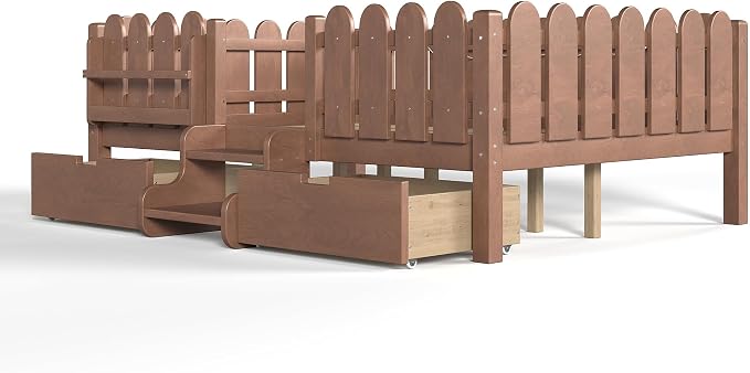 Bellemave Full Size Montessori Bed with Stairs, Lights, Rails and Slats, Full Size Montessori Floor Bed with Bookshelf and 2 Storage Drawers, Easy Assemble Beds Frame for Girls, Boys, Natural