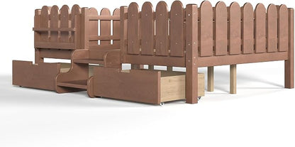 Bellemave Full Size Montessori Bed with Stairs, Lights, Rails and Slats, Full Size Montessori Floor Bed with Bookshelf and 2 Storage Drawers, Easy Assemble Beds Frame for Girls, Boys, Natural