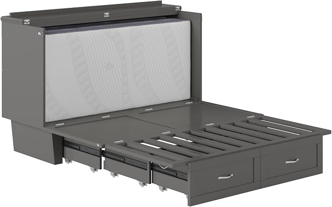 AFI, Monroe Queen Murphy Bed Chest with 6" Mattress, Storage Drawer & Built-in USB Charger, Grey