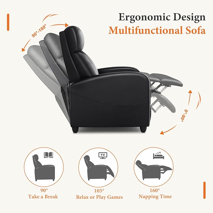 Sweetcrispy Recliner Chair PU Leather Recliner Sofa No Massage, Home Theater Seating with Lumbar Support, Adjustable Push Back Overstuffed High-Density Sponge Reclining for Living Room, Black