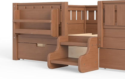 Bellemave Full Size Montessori Bed with Stairs, Safety Guardrails and Slats, Full Size Montessori Bed with Bookshelf and 2 Storage Drawers, Low Profile Beds Frame for Kids, Natural Platform Beds