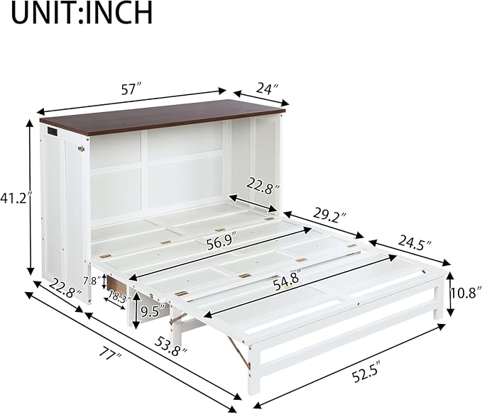 PVWIIK Full Size Murphy Bed with Storage Drawer and UPB,Solid Pine Cabinet Bedframe for Home Office, Guest Room,Multifunctional Bed,White&Walnut