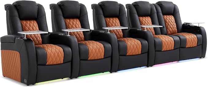 Weilianda Home Theater Seating Top Grain Leather Zero Gravity Recliner Chair Power Headrest Recline Movie Seat Gaming 7 Colors Mood Light Sofa with Tray Table Row of 5 Loveseat Right Black Camel