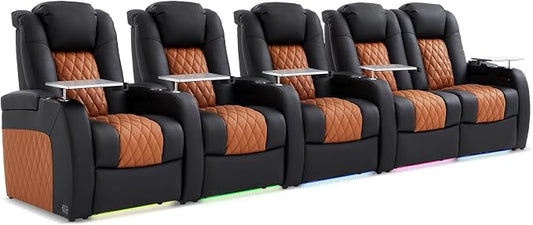 Weilianda Home Theater Seating Top Grain Leather Zero Gravity Recliner Chair Power Headrest Recline Movie Seat Gaming 7 Colors Mood Light Sofa with Tray Table Row of 5 Loveseat Right Black Camel