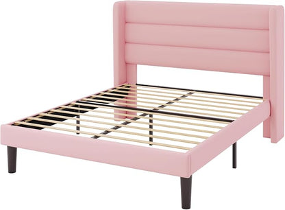Allewie Queen Size Platform Bed Frame with Velvet Upholstered Wingback Headboard, No Box Spring Needed, Under Bed Storage Space, Strong Wooden Slats, Modern Mattress Foundation, Easy Assembly, Pink