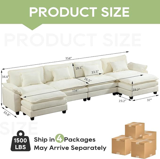 Oprisen 154" Modular Sectional Sofa, Comfy Cloud Couch Sectional Sofa with Ottoman, Chenille Sofa Sleeper Deep Seat Sofa with Throw Pillows for Living Room (Beige White, 154"- U Shape)